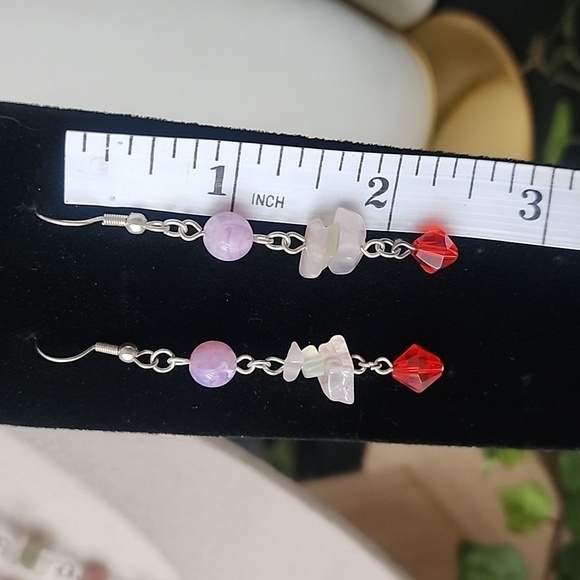 Silver Natural Stone Pink Quartz Glass Acrylic Bead Necklace Earrings Set - Picture 9 of 11